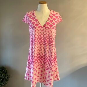 JULIE BROWN geometric stretch knit shift dress cap sleeve pink white size Med